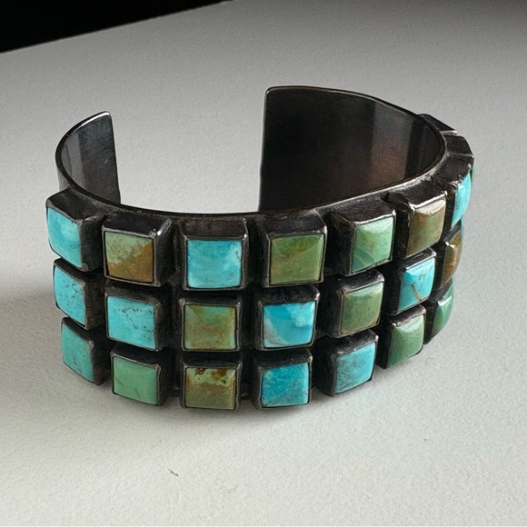 Vintage Jewelry - Sterling Silver Zuni Mid Century Mod Square Turquoise Petit Point Row Grid Cuff
